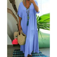 plus Size Women's Casual Loose V-Neck Solid Long Dress Spring Summer Pleated Big Size Women's Dress