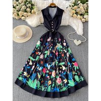 European American Fashion Elegant Satin Printed Lapel Dress Women with Belt Waist Fitted Flare Office Banquet Event Wear Dress