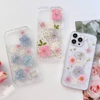 for iPhone 17 16 15 14 13 12 11 Pro Max Mini Plus Air Case Real Dry Flower Glitter Clear Epoxy Cute Cover Shockproof Shell Funda