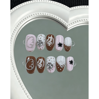 10 Pieces of Handmade Wearable Nail Art with Short Square-Round Full Coverage Nail Tips, Medium-Long Length, Pink, Brown, and White Color Scheme with Hand-Painted Musical Notes, Polka Dots, Stripes,