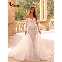 Stunning Beaded Lace Mermaid Bridal Gown Off Shoulder Long Sleeve Detachable Overskirt Wedding Dress Customized Vestido De Novia