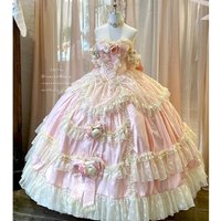 Strapless Pink Floral Victorian Lolita Dress Corset Lace Tiered Maxi Ball Gown Women Princess Wedding Photoshoot Party Dress