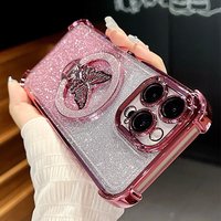 Glitter Butterfly Holder Plating Silicone Case On For Iphone 16 14 15 Pro Max Plus 11 12 13 Mini X Xs 16e 16pro Shockproof Cover