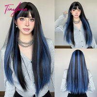 Long Straight Black Mixed Blue Synthetic Wigs with Bangs for Women Blue Black Colorful Cosplay Natural Hair Wigs Heat Resistant