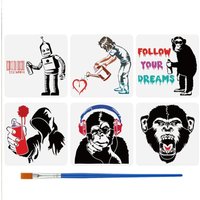 6 PCS Bansky Graffiti Stencils 11.8x11.8 inch with Bamboo Brush Large Chimpanzee Monkey Templates Robot Human Graffiti Stencils