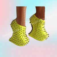 Yellow Metal Rivets Decor Shallow Pumps Sexy Strange Style Heel Side Zipper Fashion Women Shoes 2025 Spring Zapatos Para Mujere