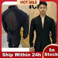 2024 New Latin Dance Competition Clothing For Men Stand Collar Cardigan Mesh Shirts Chacha Samba Adult Latin Dance Tops DQS17193
