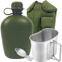 1L Portable Army Water Bottle with Aluminum Cup Outdoor Camping Stainless Steel Foldable Spoon Fork for Hiking Backpacking