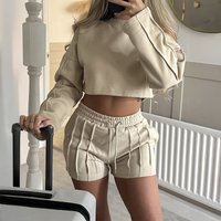 Crew Neck Panel Wide Sleeve Cropped Sweatshirt Ruched Drawstring Short Two Piece Sets Womens Outifits Loungewear Matching Outfit
