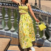 KONDALA Chic Y2K 2025 Print Floral Holiday Beach Woman Yellow Suit Short Camisole Top+Button Draped Long Skirt Summer Female Set