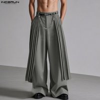 INCERUN Men Wide Leg Pants Solid Color Button Joggers Pleated Male Trousers Streetwear Loose Fashion Casual Long Pants Men S-5XL