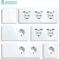 BSEED Touch Light Switch EU Standard Wall Socket With USB Type-C Crystal Glass Panel White Color Power Plugs 1/2/3Gang Switch