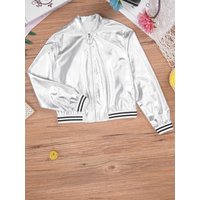 Children Fashion Street Coat Kids Girls Shiny Metallic Baseball Jacket Long Sleeve Outerwear Jazz Dance Top Disco Party Costume