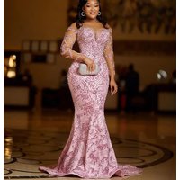 Pink African American Prom Dresses Mermaid Long Sleeves Lace Beaded Black Girls Nigeria Robe De Soiree Evening Gown Customized