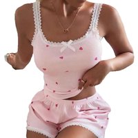 Women's Sleepwear Pink Heart & Ribbed Lace Silk Camisole Shorts Pajama Set Two-Piece V-Neck Suspender Bow Loungewear Summer