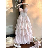 French Sweet Kawaii Pink Polka Dot Lace Bow Tiered Cami Maxi Dress For Women Girls High Waist Princess Vacation Party Daily Wear