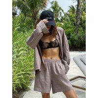 Wolfeel Women's 100% Cotton Casual Shorts Set Summer Solid Color Cozy Lapel Long Sleeve Shirt Elastic Waist Shorts Outfit