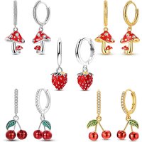 Original 925 Sterling Silver Cute Fruit Earrings Red Cherry Strawberry Mushroom Pendant Hoop Earrings For Women Jewelry Gift