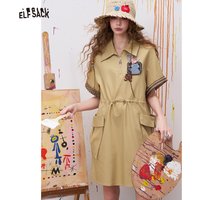 ELFSACK Women's Preppy Khaki Yellow Dress with Patchwork Detail, Summer Midi Dress with Utility Pockets, 2026 Trend Casual Dress