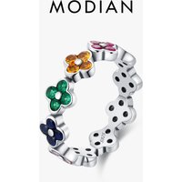 MODIAN 925 Sterling Silver Sweet Rainbow Color Zirconia Lucky Four Leaf Clover Fashion Finger Rings For Women Fine Jewelry