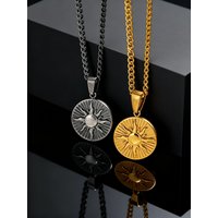 Stylish Round Sun Pattern Pendant Necklace for Men Gold Plated Stainless Steel Vintage Necklace Waterproof Fashion Jewelry