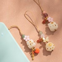 Chinese Classic Resin Blessing Lucky Bodhi Root Keychain Traditional Ethnic Crystal Beaded Cat Paw Pendant Car Key Accessory