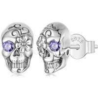 Bamoer Gothic Skull Earring for Men Women 925 Sterling Silver Skull Skeleton Stud Earrings for Hallloween Party Jewelry