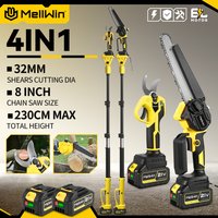 MELLWIN Bürstenlose 4-in-1-Stangensäge mit 185 cm Teleskopstange, 8-Zoll-Kettensäge & 32-mm-Gartenschere-Set, Gartenpflegewerkzeug für Makita 18V Akku