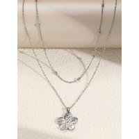 DOTIFI Vintage Stainless Steel Large Flower Pendant Necklace Female Geometric Texture Double Layered Stacking Necklace Jewelry