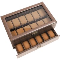 Uhrenbox, 24 Fächer, doppellagig, Holzstruktur, PU-Leder, Schmuck-Organizer, Glasvitrine mit weichem Kissen, rostfreie Metallscharniere, geeignet für die Aufbewahrung und als Geschenk für Herren- und