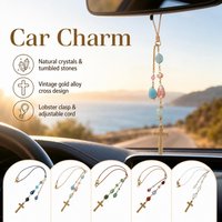 Crystal Cross Car Hanging Ornament Rose Quartz Pendant, Golden Chain Rearview Mirror Charm for SUV Vehicle Decor