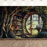 1 Piece Vintage Library Background - Magic Tree Root House with Bookshelves and Arched Windows - S