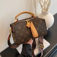 Casual Monogram Canvas Bowling Handbag, Durable PU Trim & Gold Hardware Crossbody Shoulder Purse