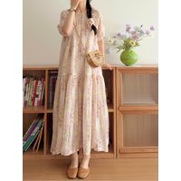 Floral Long Dress Women's Loose Slimming Artistic Forest System Dress Elegant Lady Style Short Sleeve A-Line Summer Dress