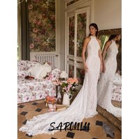 Delicate Appliques Pearls Wedding Dress Sexy Backless Halter Customized Luxury Bridal Gown Glitter Romantic Mermaid Bride Wear