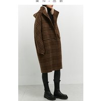 Horn-Button Coat~100% Wool Double-Sided Woolen Fabric with Contrasting Plaid, Fur Collar, Cocoon-Shaped Hooded Woolen Coat, Mid-Length for Women