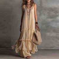 Boho Sweetheart Neckline Maxi Dress Womens Sleeveless Ruffle Neck & Hem Tiered Loose Flowy Dress Casual Summer Beach Solid Dress