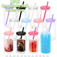 16OZ Snowflake Ball Water Cup Plastic Outdoor Water Bottles With Lid and Straw Reusable 2-Layer Design Juice Milk Coffee Jar Cup