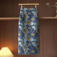 New Spring Style Retro Gold Silk Blue Flower Skirt Fashionable Jacquard Back Slit Hip Skirt Women's Versatile Midi Skirt