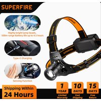 SUPERFIRE LED Headlamp Fishing Headlight Zoomable With Sensor Waterproof Super Bright Camping Light Power Large Capacity Battery