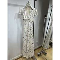 Summer Women Floral Print Maxi Dress Bow Decoration V-Neck Short Sleeve Lace-up High Waist Casual Long Robe