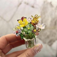 Tiny Glass Flowers in Vase 11 Piece Set Hand Blown Crystal Floral Ornaments Cute Small Table Centerpiece Mother's Day Gifts