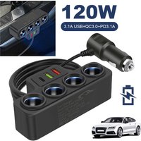 12V 24V Car Cigarette Lighter Splitter with 4 Outlets & 3 USB Port Car Phone Charger 120W PD 3.1A QC3.0 Car Socket Splitter Plug