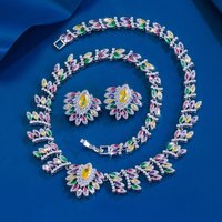 ThreeGraces Elegant Sparkling Multicolor Zirconia Luxury Leaf Shape Bridal Wedding Necklace Earrings Jewelry Set for Women T1100