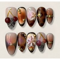 24pcs Finished Leopard Print False Nails Sets Fashion Cherry Flower Design Long Almond Press on Nails Starlight French Fake Nail