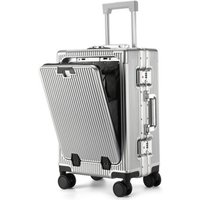Suitcase Front Opening Pocket Aluminum Alloy Frame Rolling Luggage with USB Charging Plug Trolley Carry-on Case Bag with Wheel