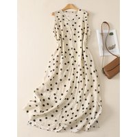 Summer 2026 V-Neck Polka Dot Sleeveless Long A-Line Dress plus Size Women's Split Hem Slimming Casual Cotton Blend Skirt