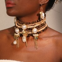 Statement Vintage Pearls Chocker Necklace&Earrings Hearts&Chains Design Women Trendy Wedding Party Jewelry