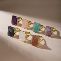 Natural Sunstone Stone Ring for Women Large Rectangular Amethyst Rose Quartz Ring Ornate Gold Plated Boho Spiritual Jewelry Gift