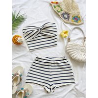 Striped Knit 2-Piece Set, Twist-Front Bandeau Top + Shorts
